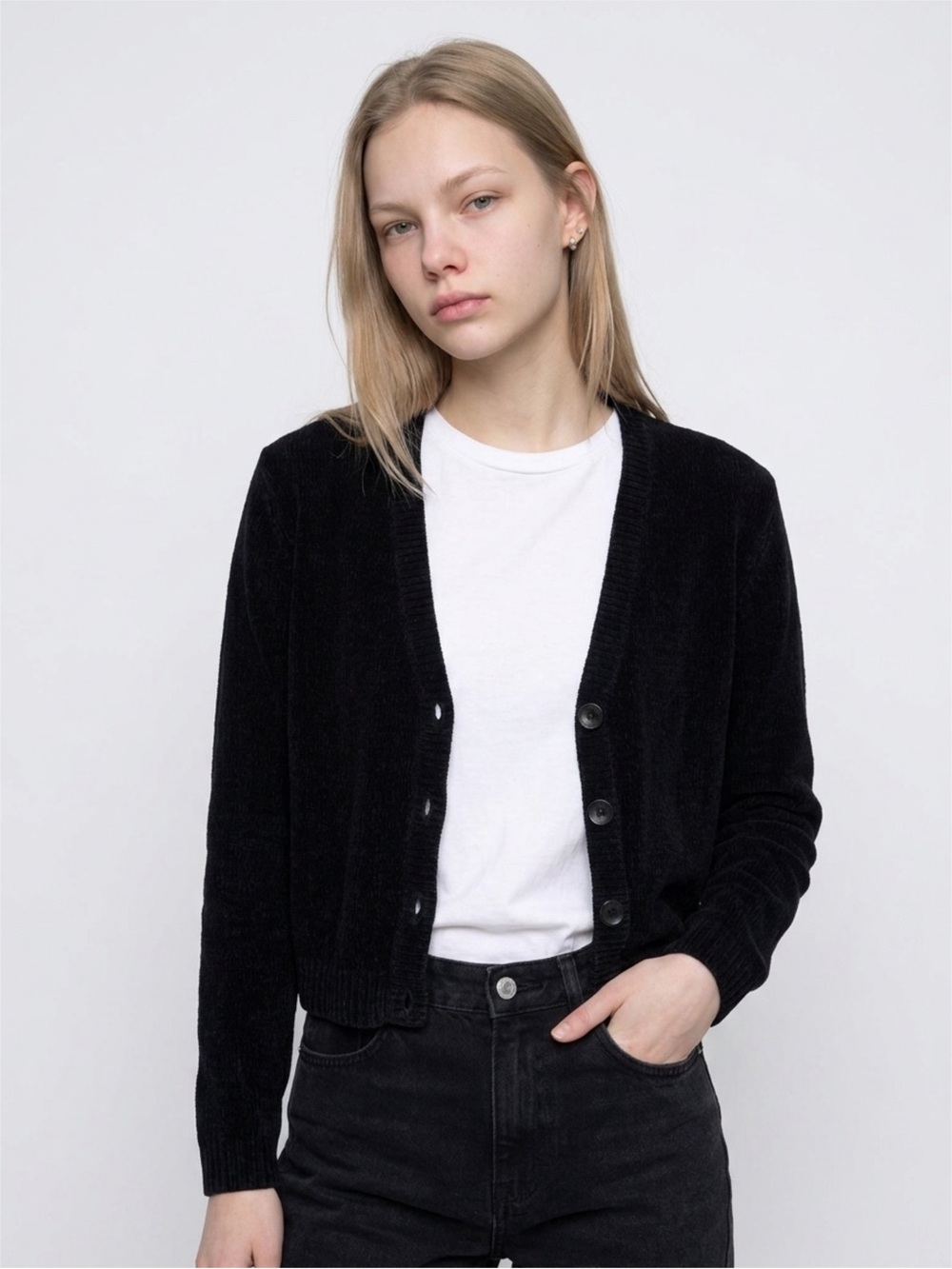90s Jay Jacobs Black Button-Front Chenille Cardigan